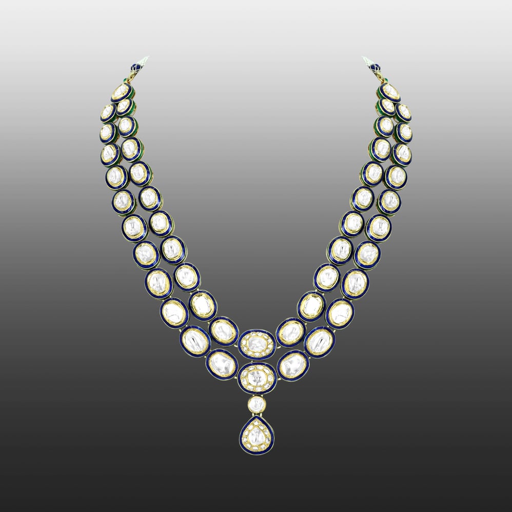 Twin-Line Polki Necklace with Blue Enamel and Pear Pendant
